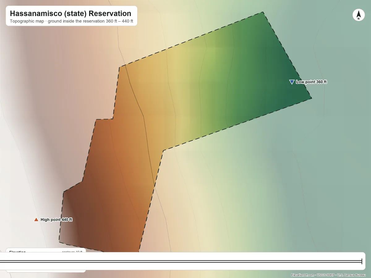Topographic elevation map of Hassanamisco (state) Reservation, Massachusetts, shaded from 360 ft on the northeast side to 440 ft on the southwest side