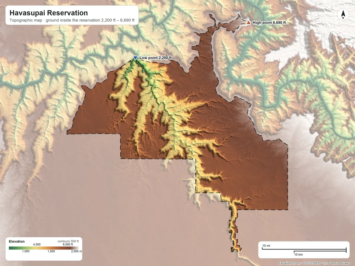 Topographic elevation map of Havasupai Reservation, Arizona, shaded from 2,200 ft on the northwest side to 6,690 ft on the northeast side
