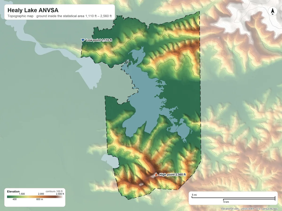 Topographic elevation map of Healy Lake ANVSA, Alaska, shaded from 1,110 ft on the northwest side to 2,560 ft on the south side