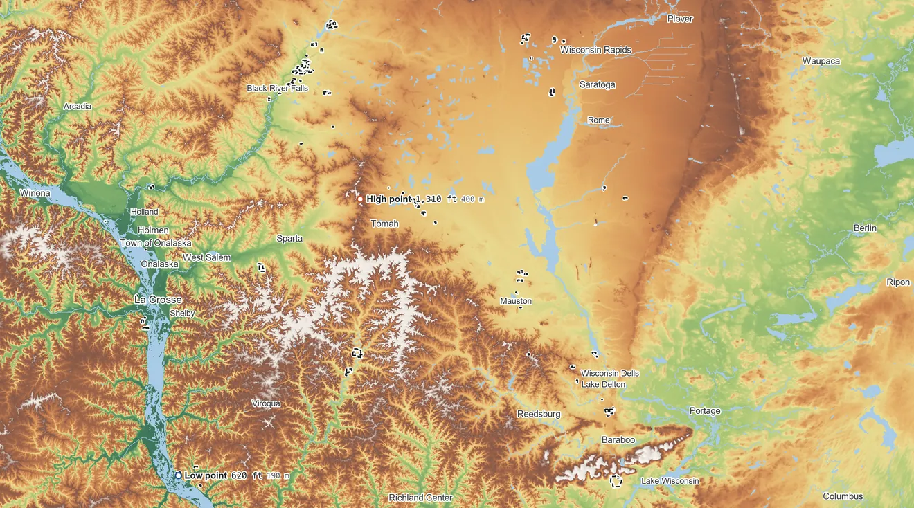 Topographic elevation map of Ho-Chunk Nation Reservation, Wisconsin, shaded from 620 ft on the southwest side to 1,310 ft on the northwest side