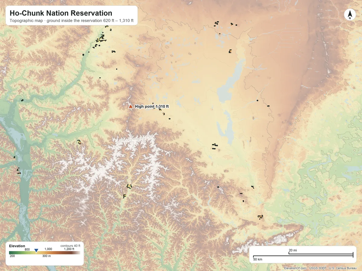 Topographic elevation map of Ho-Chunk Nation Reservation, Wisconsin, shaded from 620 ft on the southwest side to 1,310 ft on the northwest side