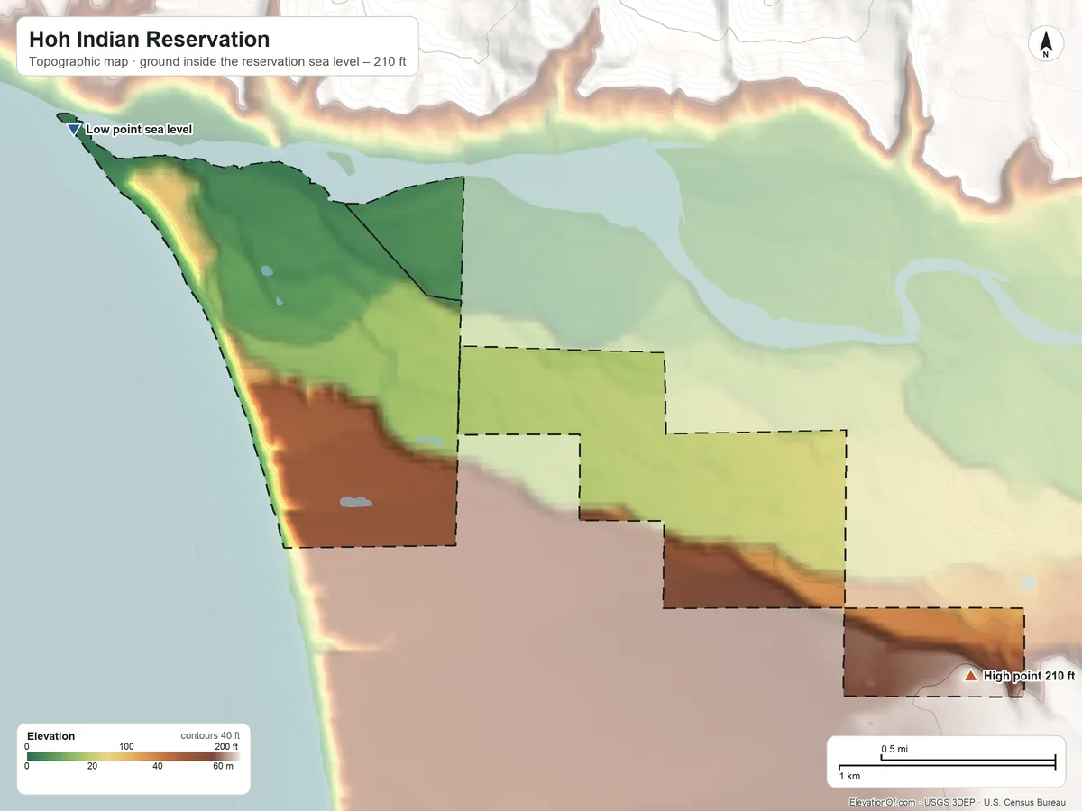 Topographic elevation map of Hoh Indian Reservation, Washington, shaded from sea level on the Pacific Ocean to 210 ft on the southeast side