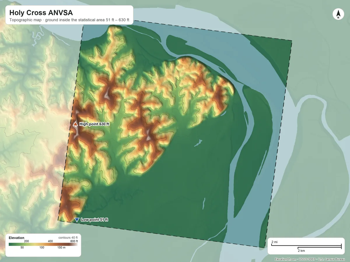 Topographic elevation map of Holy Cross ANVSA, Alaska, shaded from 51 ft on the southwest side to 630 ft on the west side
