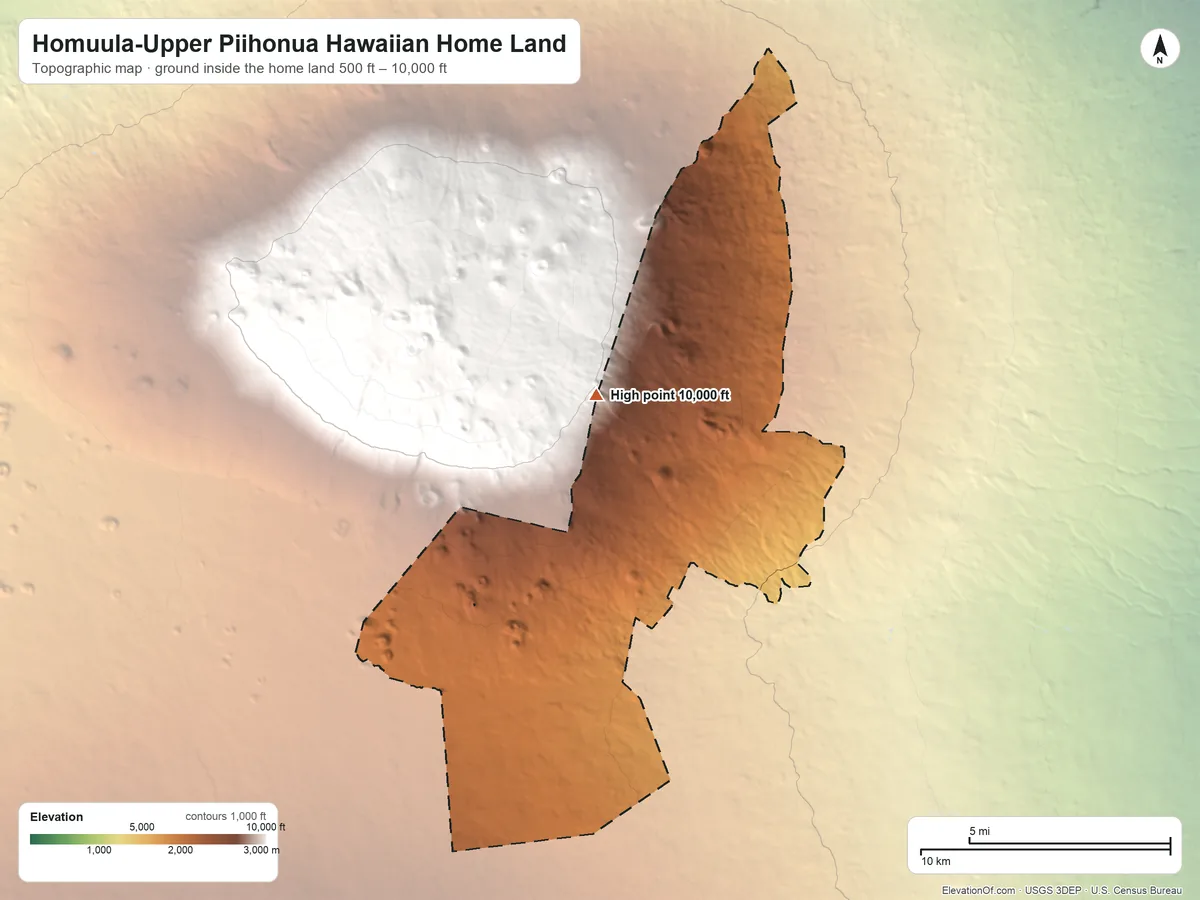 Topographic elevation map of Homuula-Upper Piihonua Hawaiian Home Land, Hawaii, shaded from 500 ft on the east side to 10,000 ft near the middle