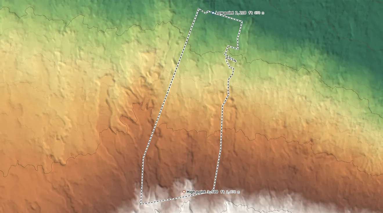 Topographic elevation map of Honokaia Hawaiian Home Land, Hawaii, shaded from 2,210 ft on the north side to 3,500 ft on the south side