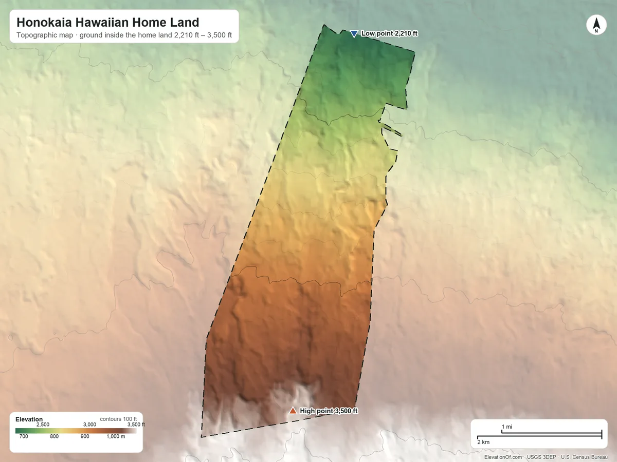 Topographic elevation map of Honokaia Hawaiian Home Land, Hawaii, shaded from 2,210 ft on the north side to 3,500 ft on the south side