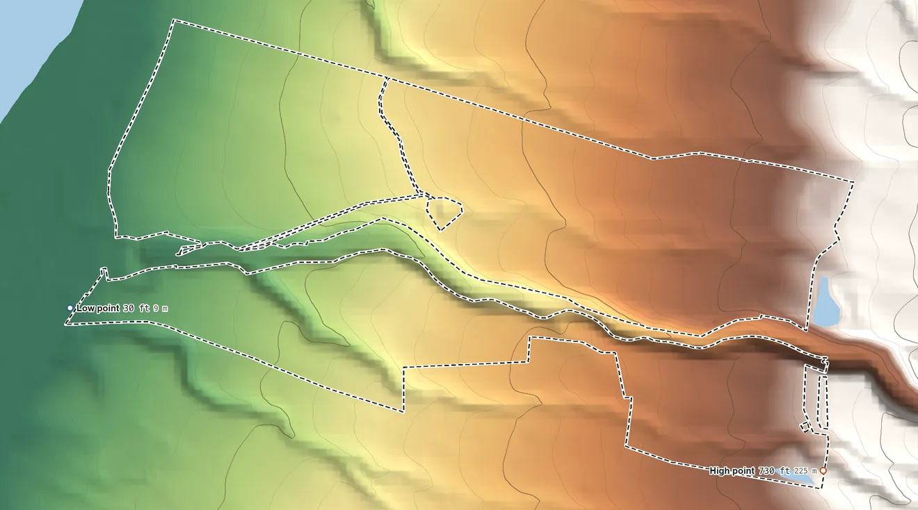 Topographic elevation map of Honokowai Hawaiian Home Land, Hawaii, shaded from 30 ft on the west side to 730 ft on the southeast side