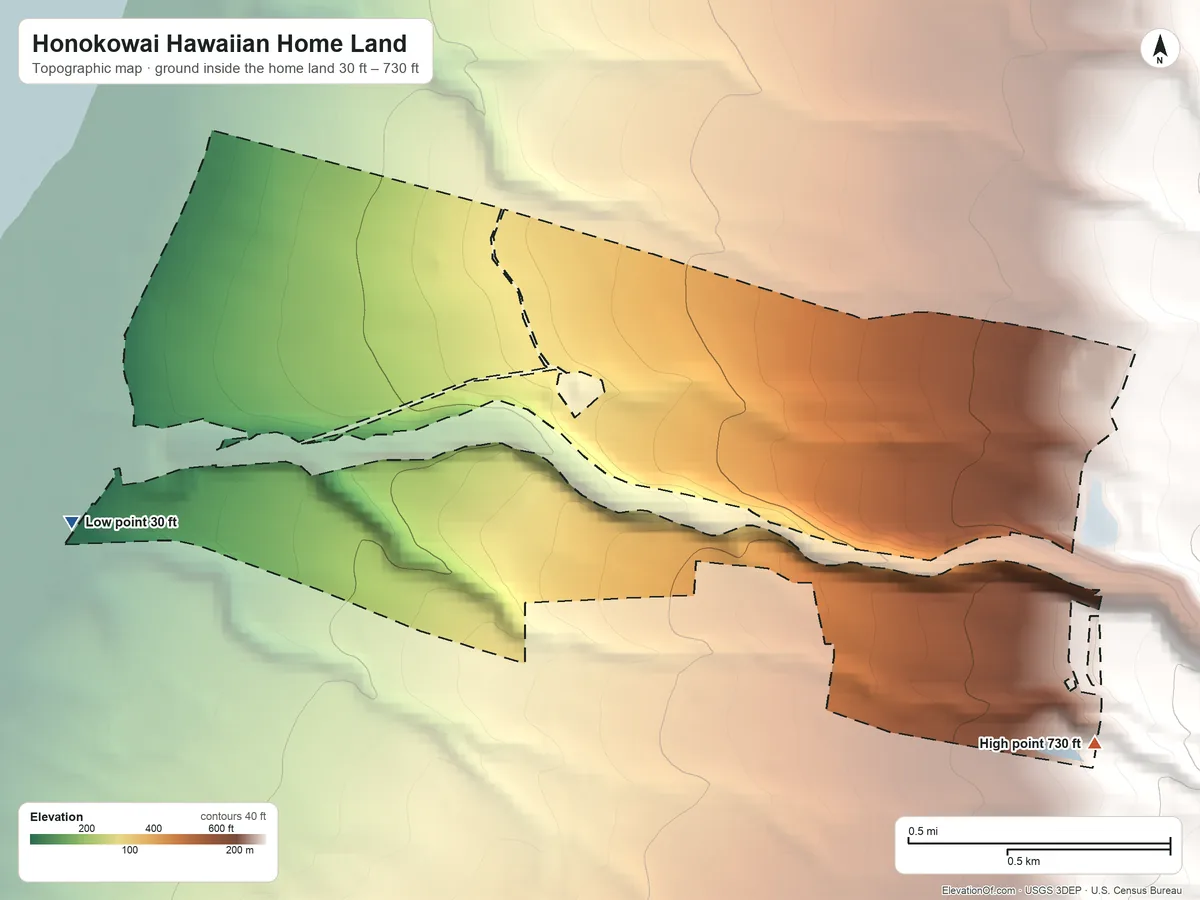 Topographic elevation map of Honokowai Hawaiian Home Land, Hawaii, shaded from 30 ft on the west side to 730 ft on the southeast side