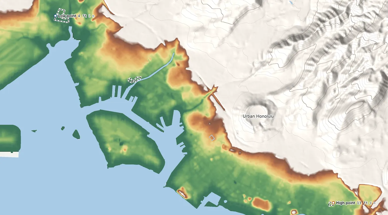Topographic elevation map of Honolulu Makai Hawaiian Home Land, Hawaii, shaded from 4 ft on the northwest side to 13 ft on the southeast side