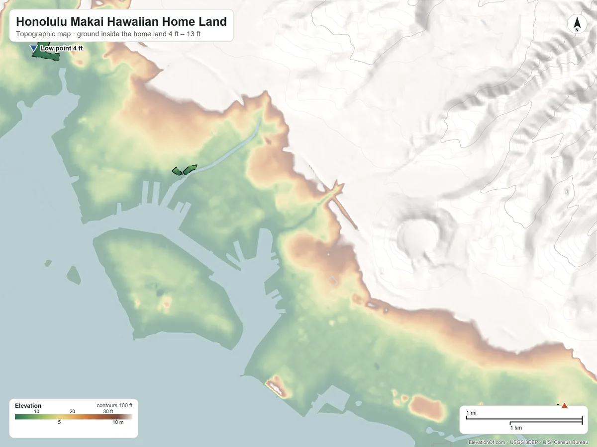 Topographic elevation map of Honolulu Makai Hawaiian Home Land, Hawaii, shaded from 4 ft on the northwest side to 13 ft on the southeast side