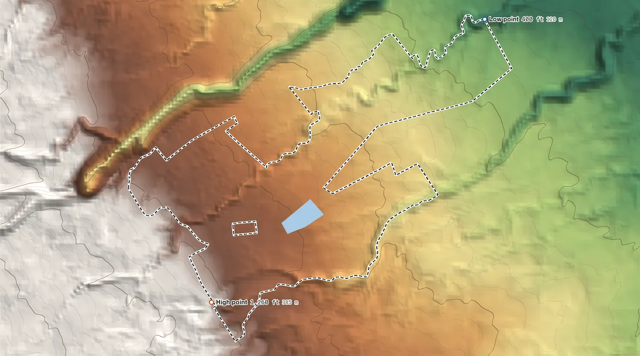 Topographic elevation map of Honomu Hawaiian Home Land, Hawaii, shaded from 400 ft on the northeast side to 1,260 ft on the southwest side