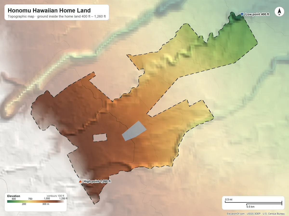 Topographic elevation map of Honomu Hawaiian Home Land, Hawaii, shaded from 400 ft on the northeast side to 1,260 ft on the southwest side