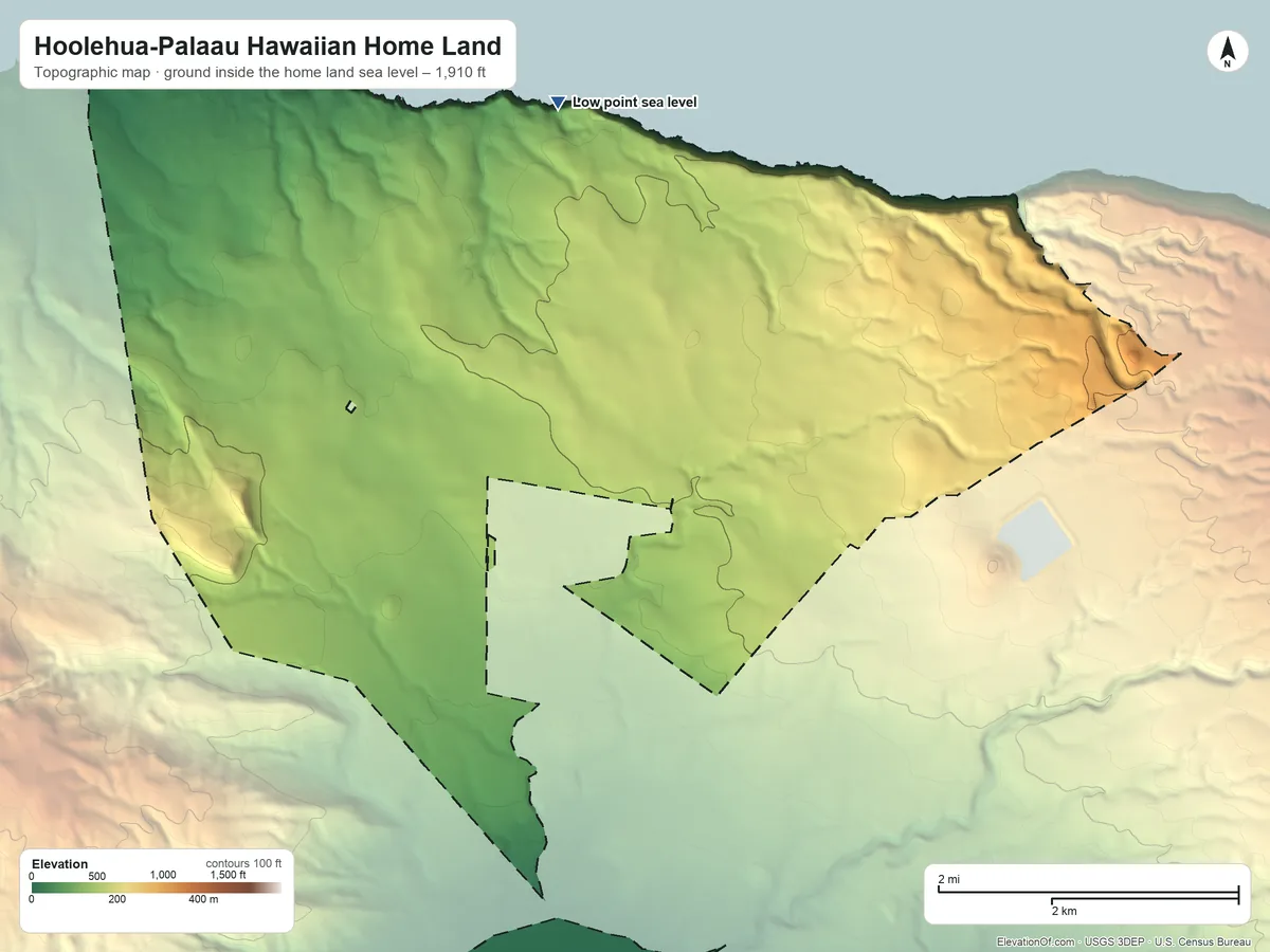 Topographic elevation map of Hoolehua-Palaau Hawaiian Home Land, Hawaii, shaded from sea level on the Pacific Ocean to 1,910 ft on the east side