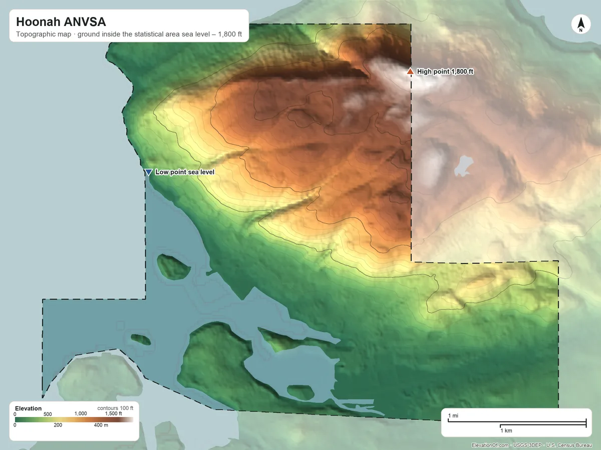 Topographic elevation map of Hoonah ANVSA, Alaska, shaded from sea level on the Port Frederick to 1,800 ft on the northeast side