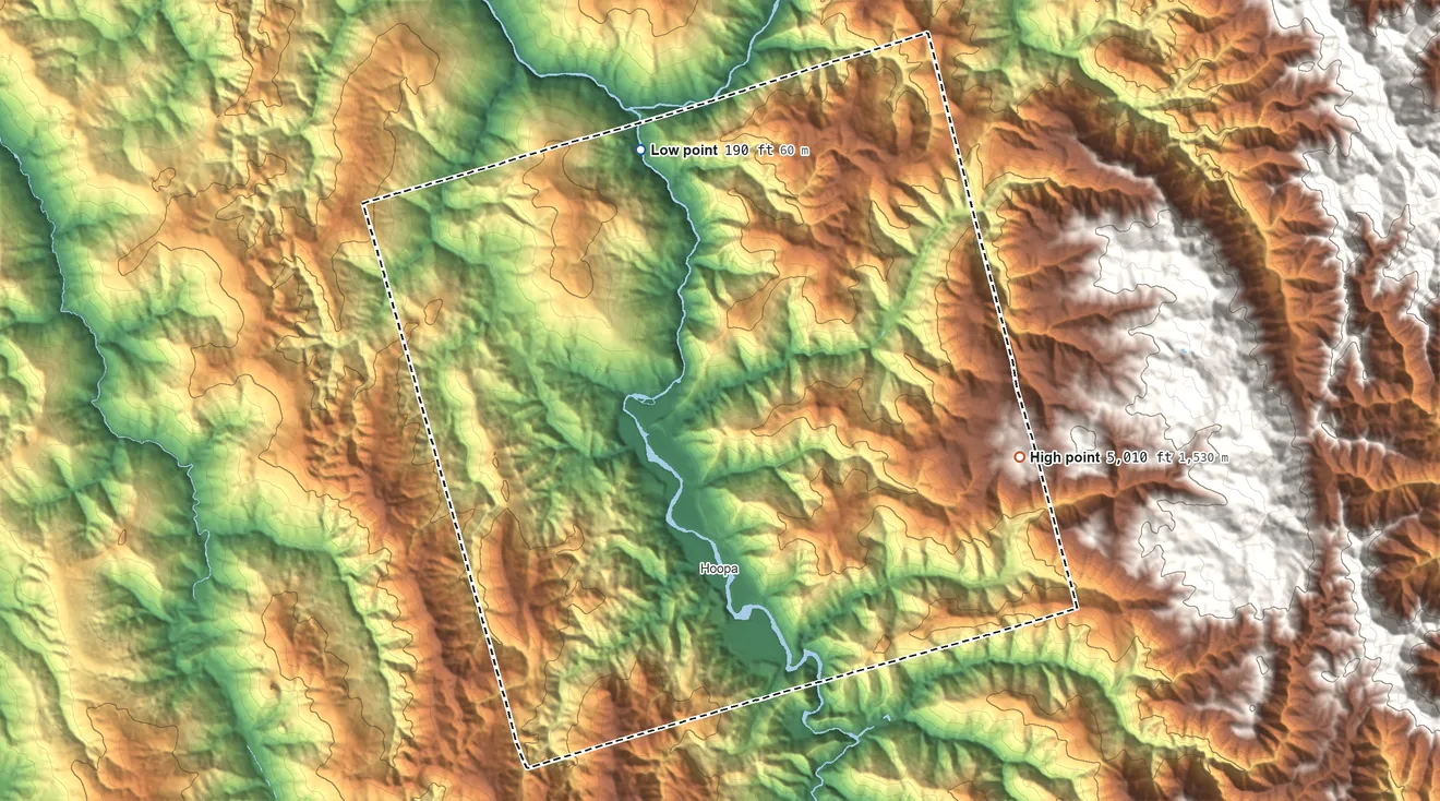 Topographic elevation map of Hoopa Valley Reservation, California, shaded from 190 ft on the north side to 5,010 ft on the east side