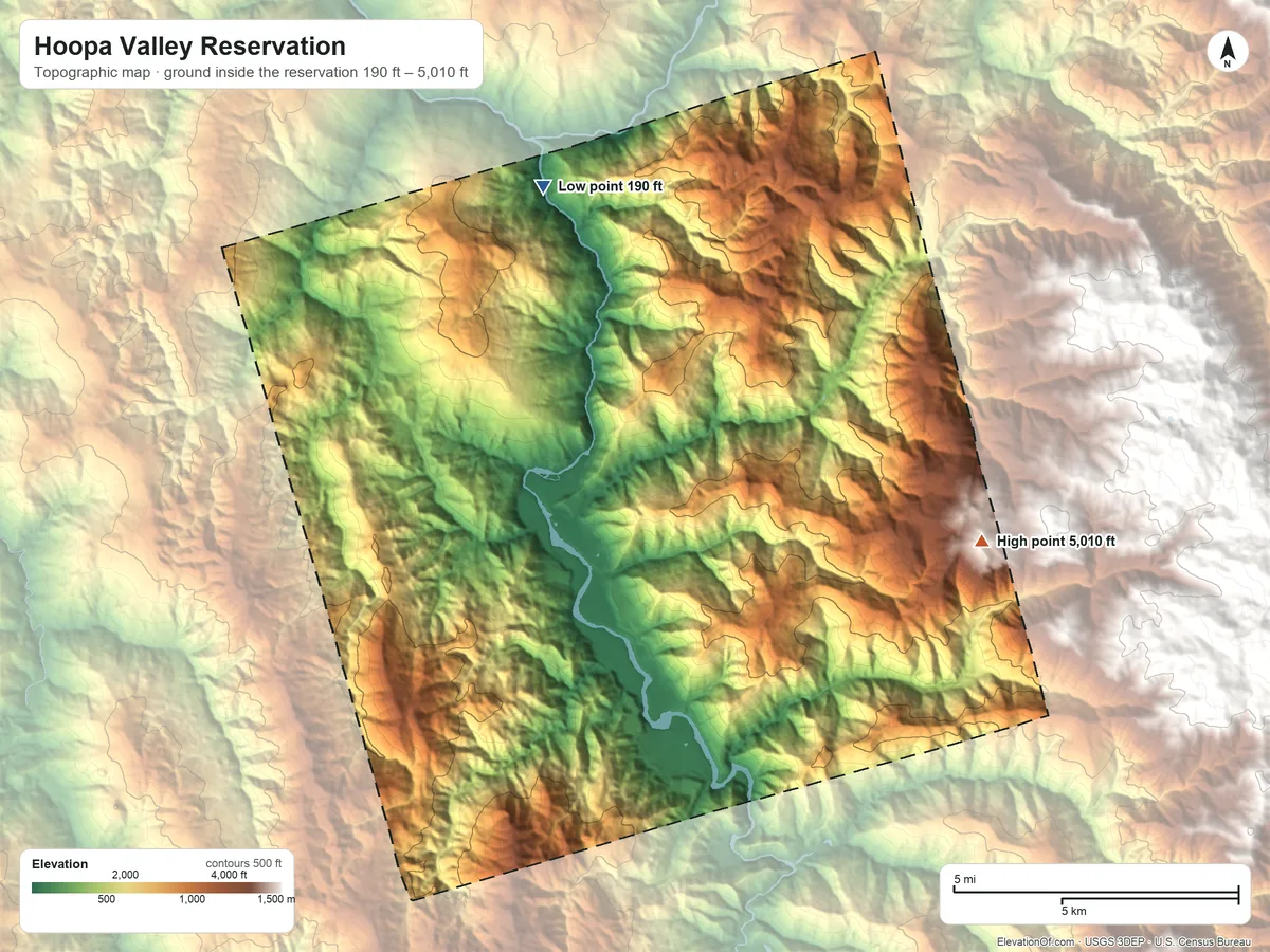Topographic elevation map of Hoopa Valley Reservation, California, shaded from 190 ft on the north side to 5,010 ft on the east side