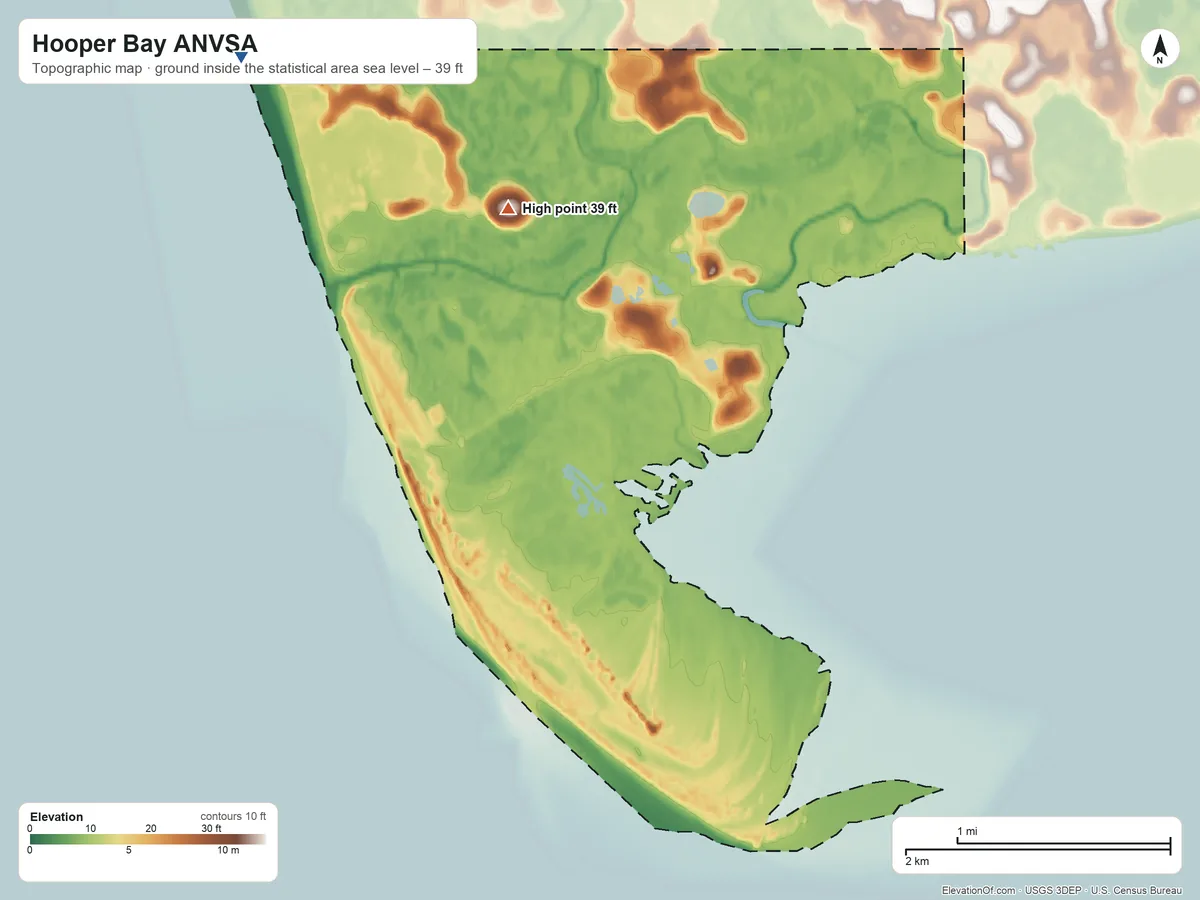 Topographic elevation map of Hooper Bay ANVSA, Alaska, shaded from sea level on the Bering Sea to 39 ft on the north side