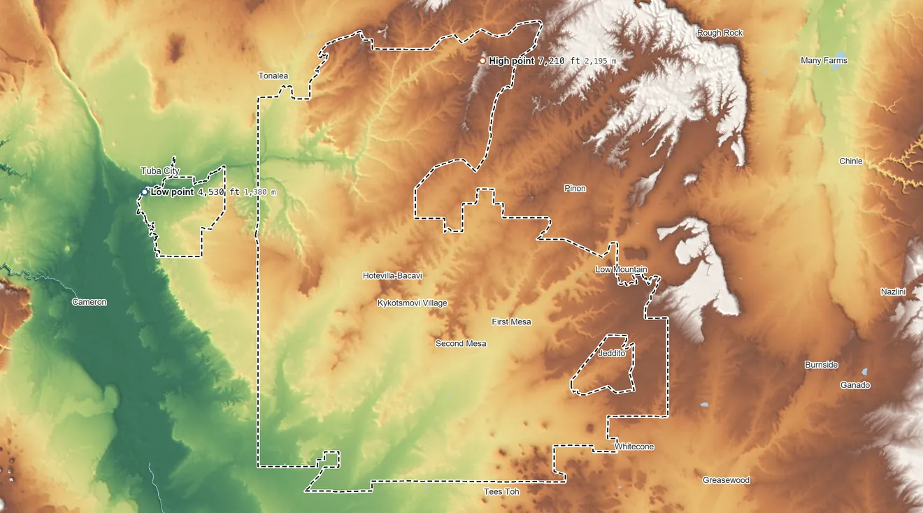 Topographic elevation map of Hopi Reservation, Arizona, shaded from 4,530 ft on the west side to 7,210 ft on Big Mountain