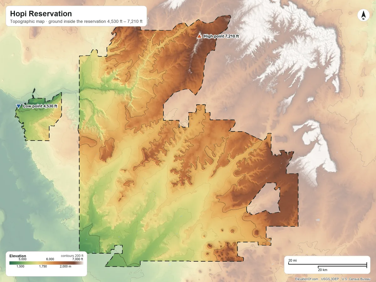 Topographic elevation map of Hopi Reservation, Arizona, shaded from 4,530 ft on the west side to 7,210 ft on Big Mountain
