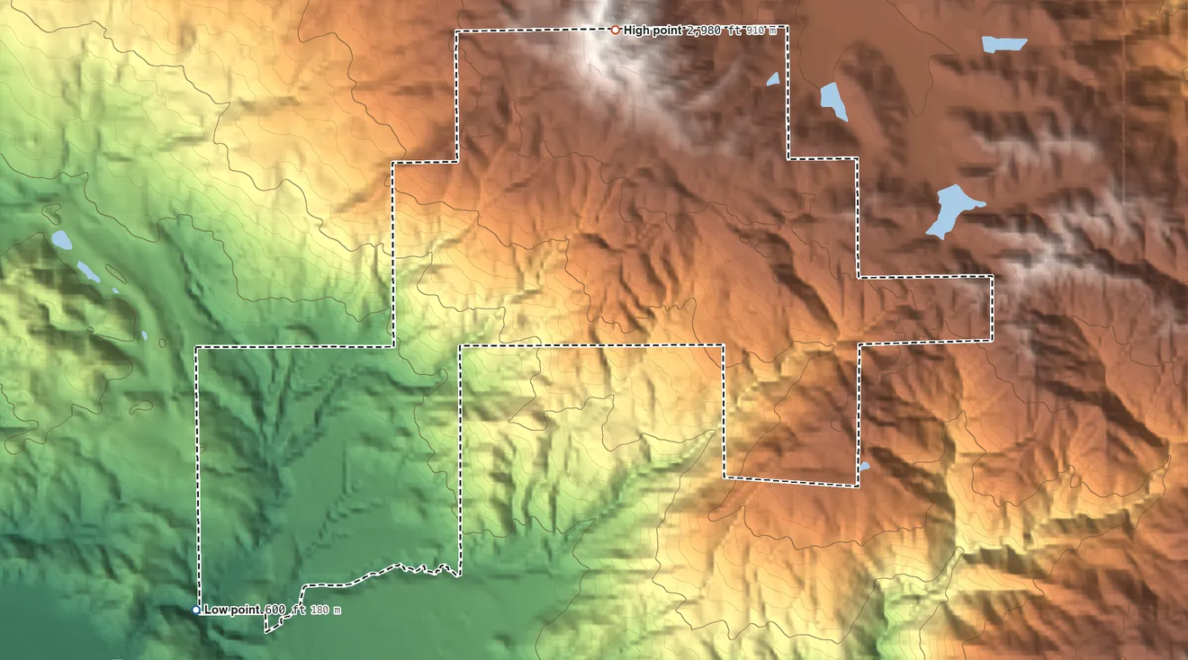 Topographic elevation map of Hopland Rancheria, California, shaded from 600 ft on the southwest side to 2,980 ft on the north side