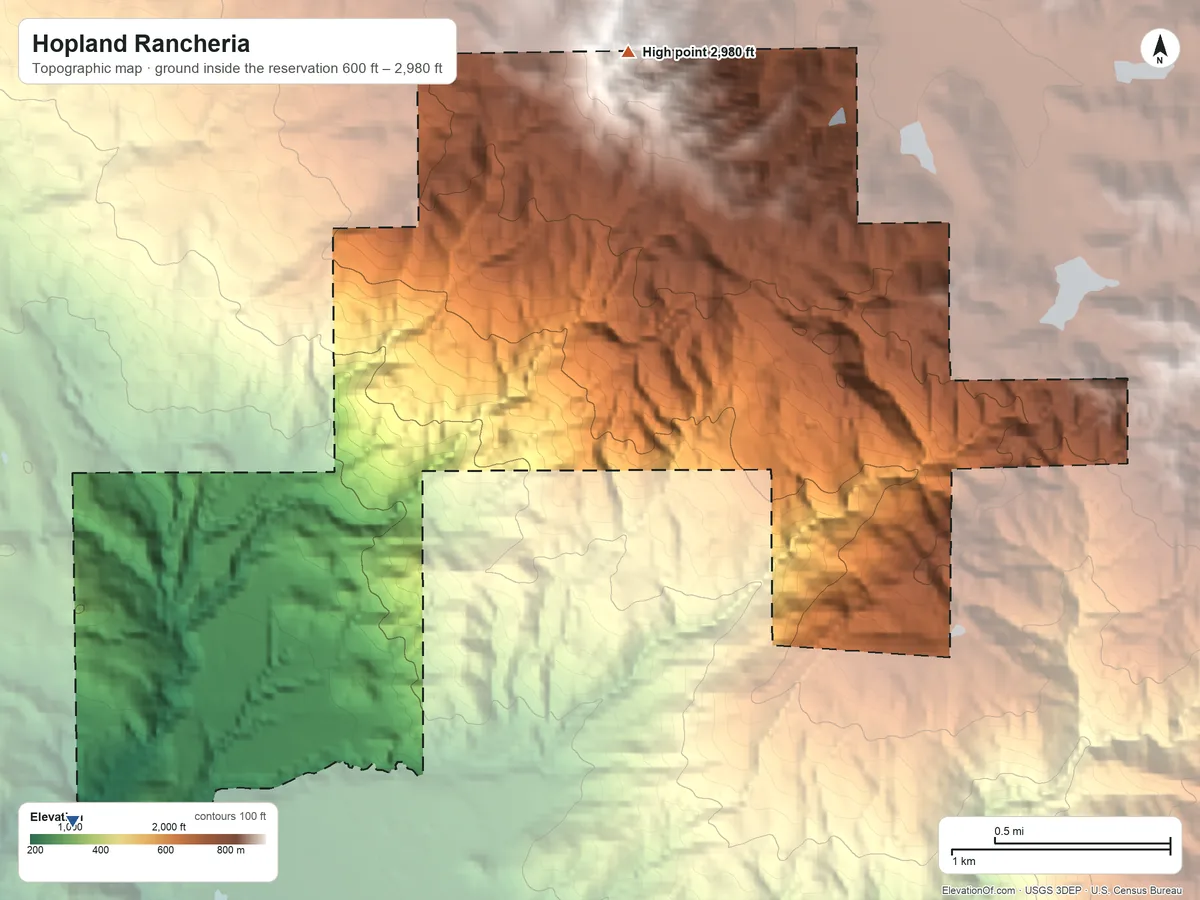 Topographic elevation map of Hopland Rancheria, California, shaded from 600 ft on the southwest side to 2,980 ft on the north side