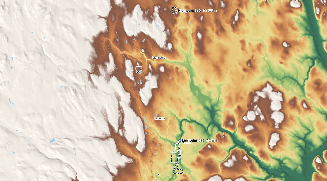 Topographic elevation map of Houlton Maliseet Reservation, Maine, shaded from 280 ft on the south side to 560 ft on the north side