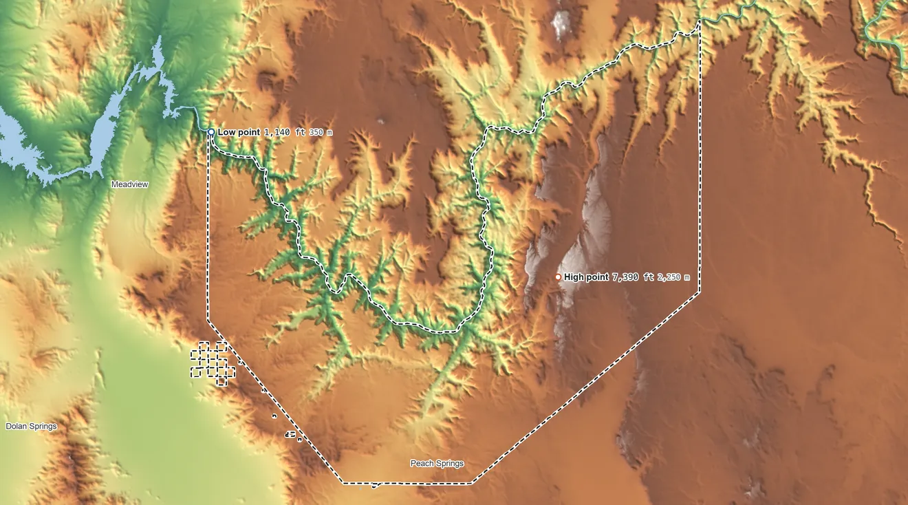 Topographic elevation map of Hualapai Indian Reservation, Arizona, shaded from 1,140 ft on the northwest side to 7,390 ft on the east side