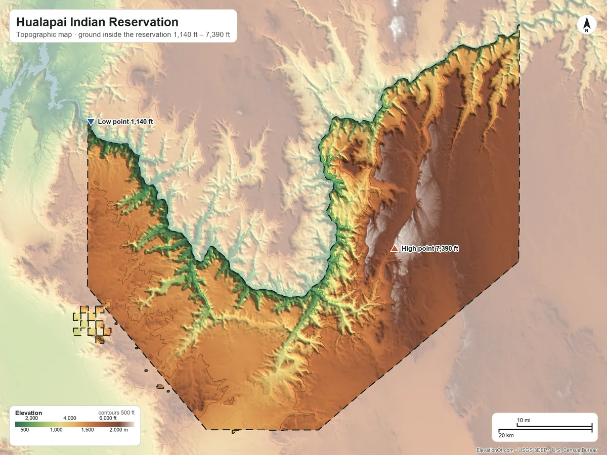 Topographic elevation map of Hualapai Indian Reservation, Arizona, shaded from 1,140 ft on the northwest side to 7,390 ft on the east side