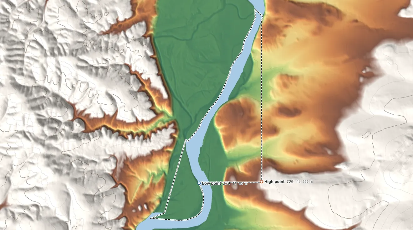 Topographic elevation map of Hughes ANVSA, Alaska, shaded from 270 ft on the south side to 720 ft on the southeast side