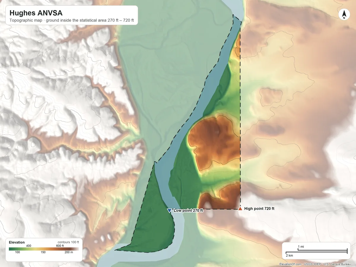 Topographic elevation map of Hughes ANVSA, Alaska, shaded from 270 ft on the south side to 720 ft on the southeast side