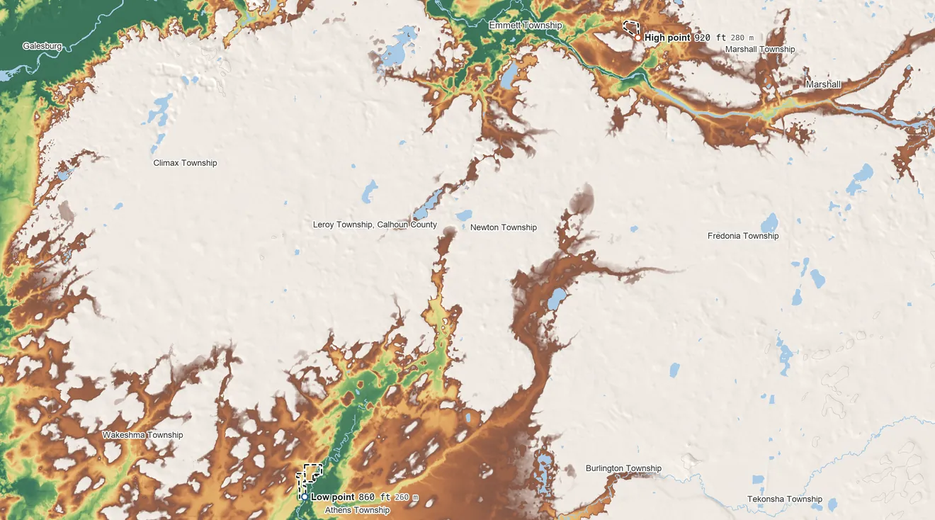 Topographic elevation map of Huron Potawatomi Reservation, Michigan, shaded from 860 ft on the southwest side to 920 ft on the northeast side