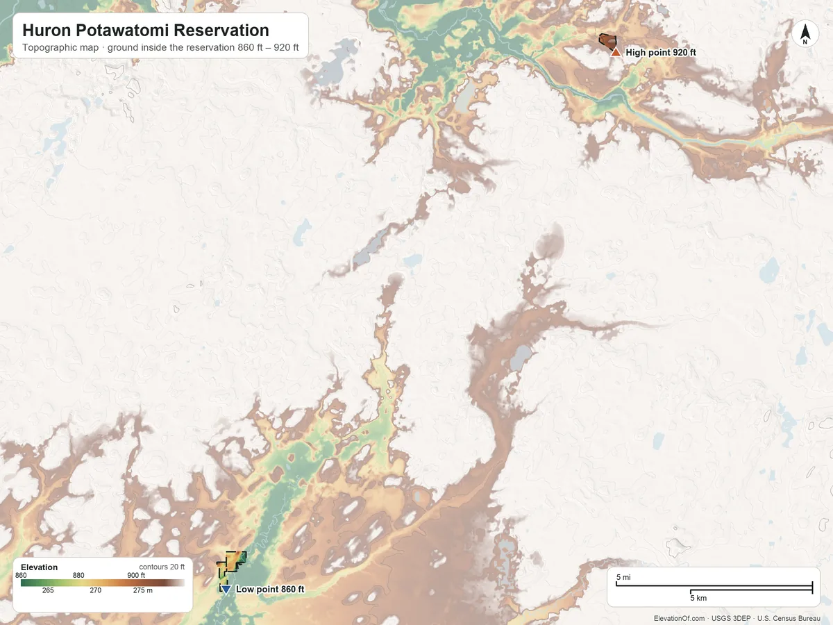 Topographic elevation map of Huron Potawatomi Reservation, Michigan, shaded from 860 ft on the southwest side to 920 ft on the northeast side