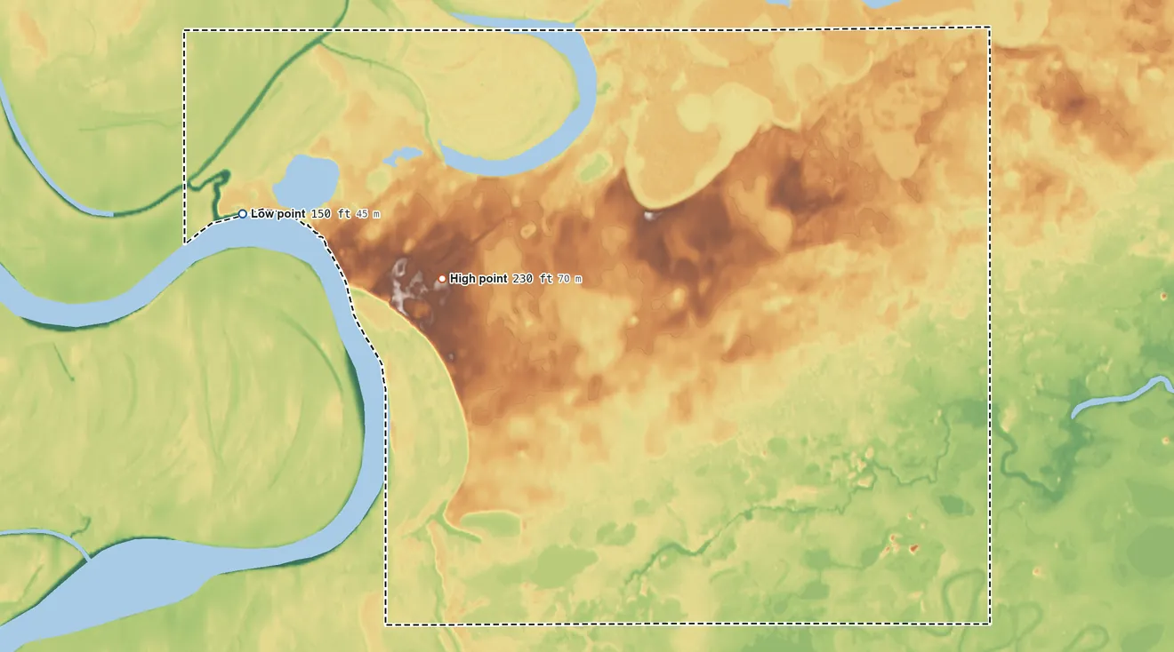Topographic elevation map of Huslia ANVSA, Alaska, shaded from 150 ft on the west side to 230 ft on the west side