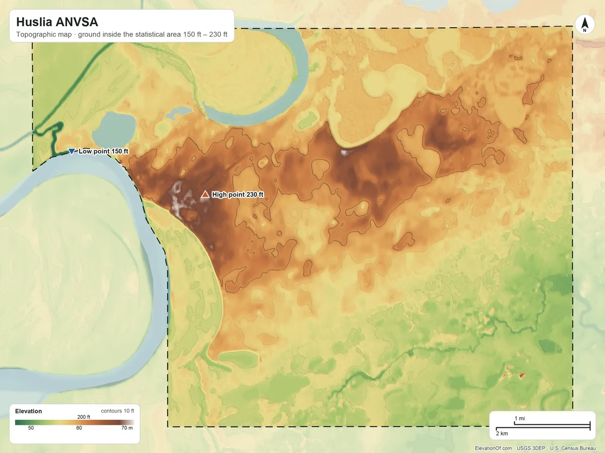 Topographic elevation map of Huslia ANVSA, Alaska, shaded from 150 ft on the west side to 230 ft on the west side
