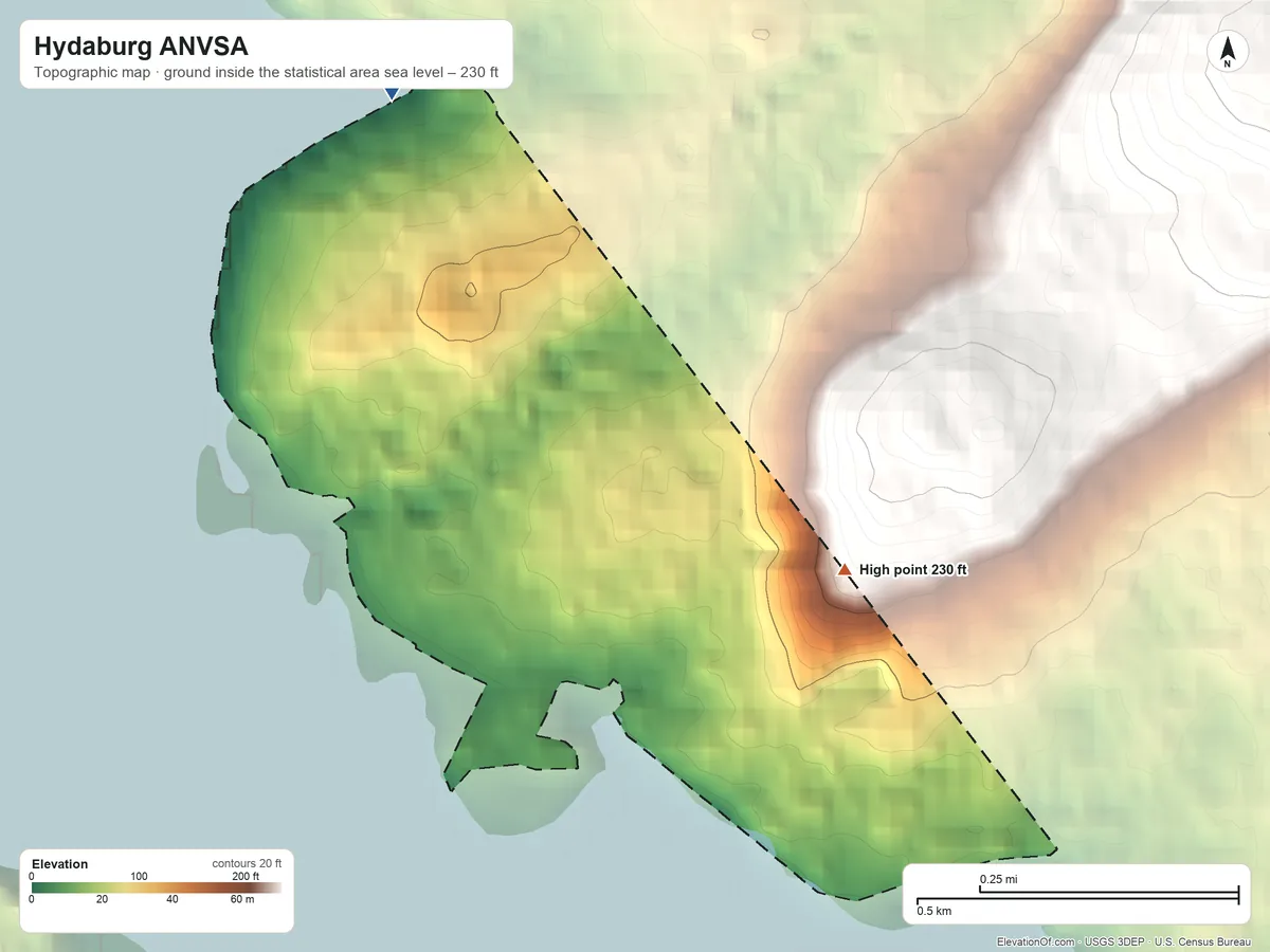 Topographic elevation map of Hydaburg ANVSA, Alaska, shaded from sea level on the Sukkwan Strait to 230 ft on the southeast side