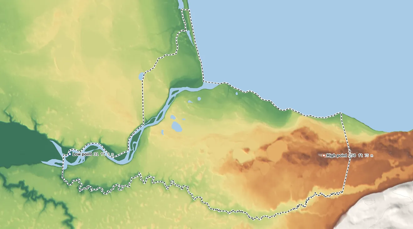 Topographic elevation map of Igiugig ANVSA, Alaska, shaded from 31 ft on the west side to 250 ft on the east side