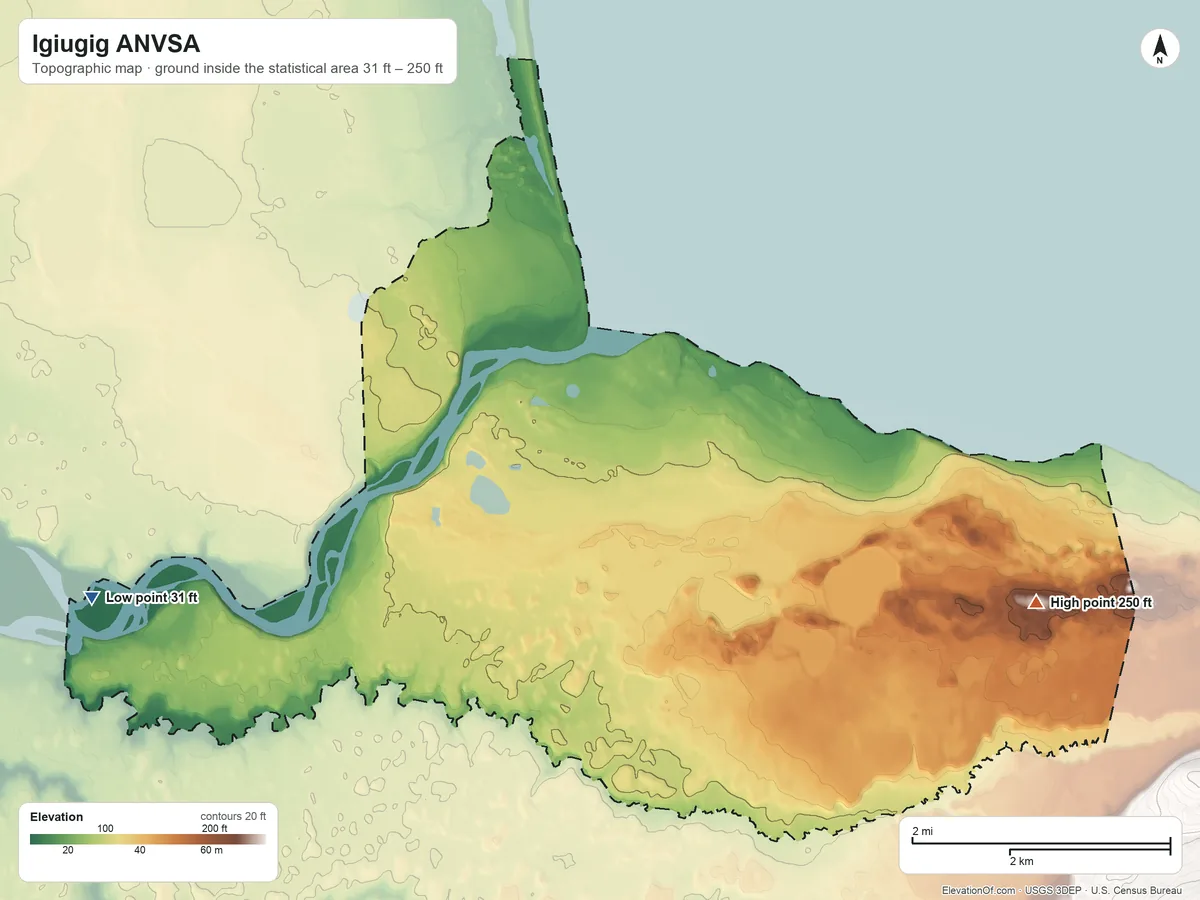 Topographic elevation map of Igiugig ANVSA, Alaska, shaded from 31 ft on the west side to 250 ft on the east side