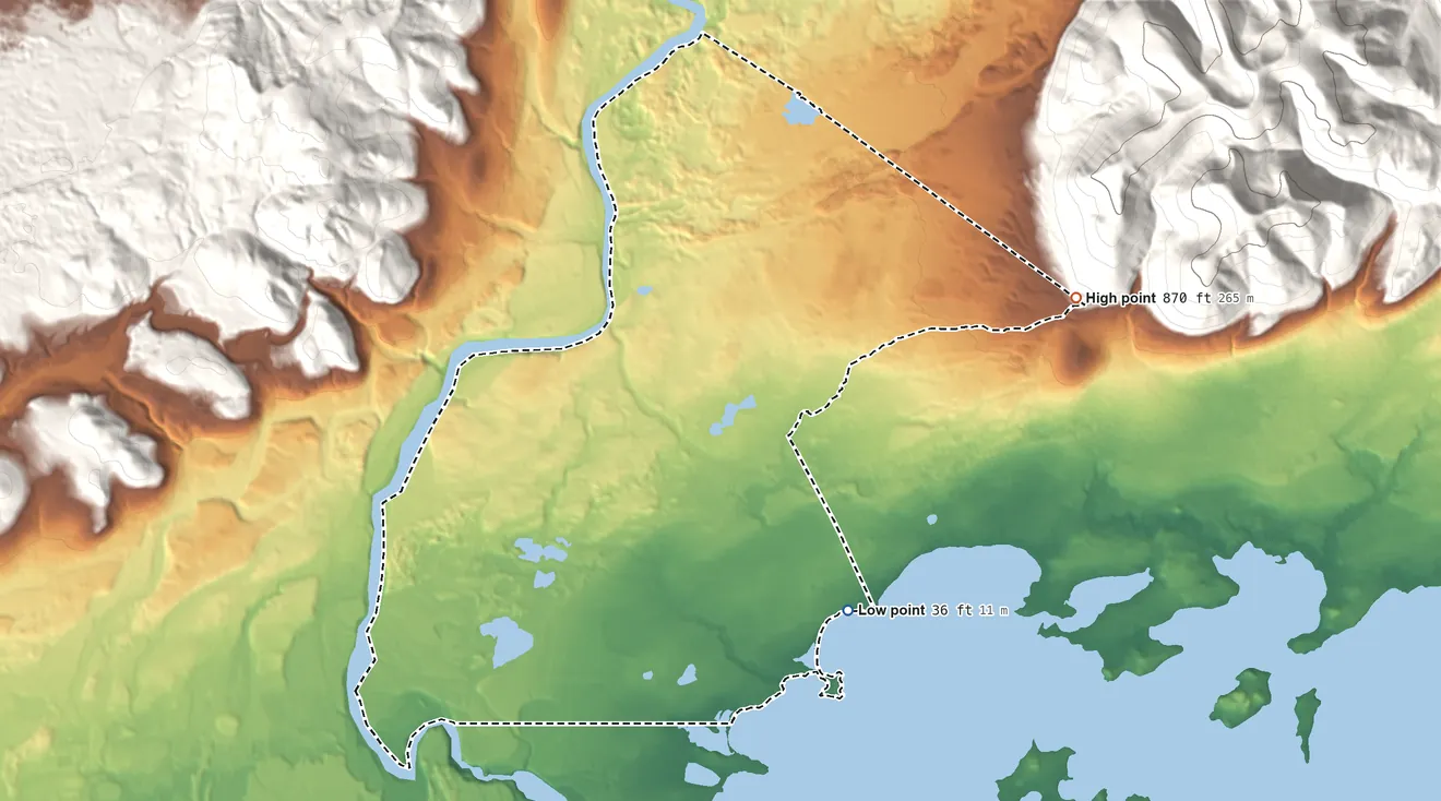 Topographic elevation map of Iliamna ANVSA, Alaska, shaded from 36 ft on the southeast side to 870 ft on the east side