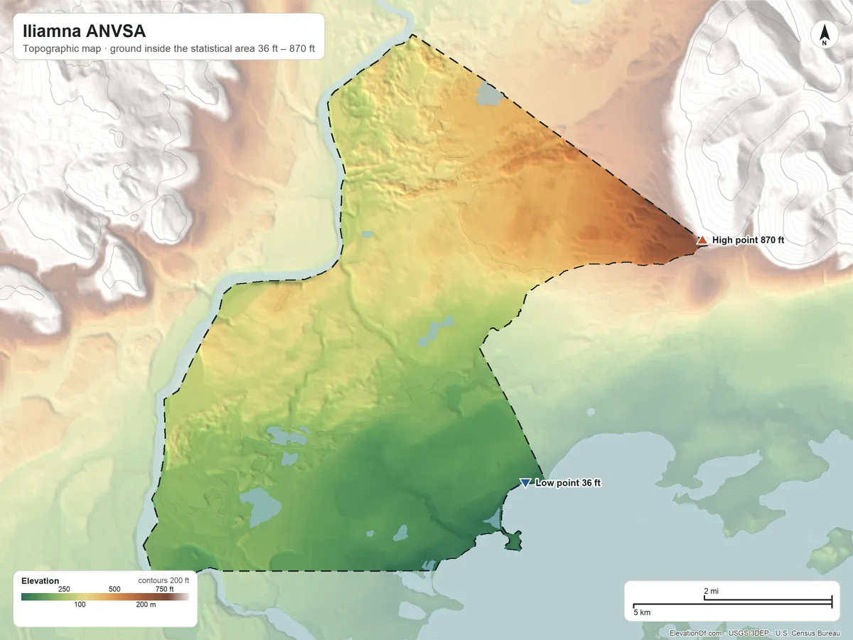 Topographic elevation map of Iliamna ANVSA, Alaska, shaded from 36 ft on the southeast side to 870 ft on the east side