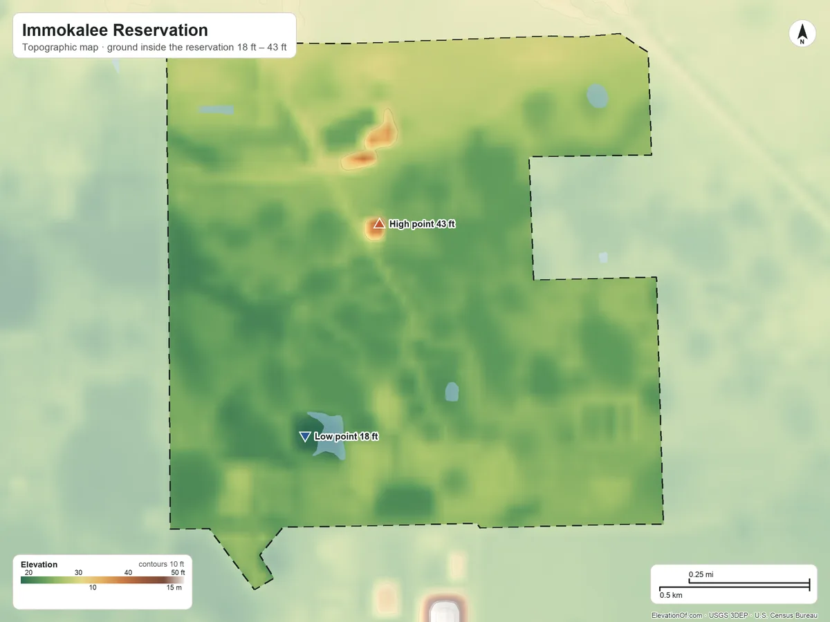 Topographic elevation map of Immokalee Reservation, Florida, shaded from 18 ft on the southwest side to 43 ft on the north side