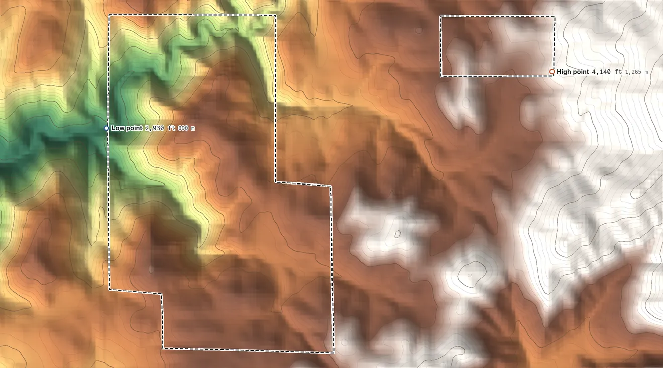 Topographic elevation map of Inaja and Cosmit Reservation, California, shaded from 2,930 ft on the west side to 4,140 ft on the northeast side