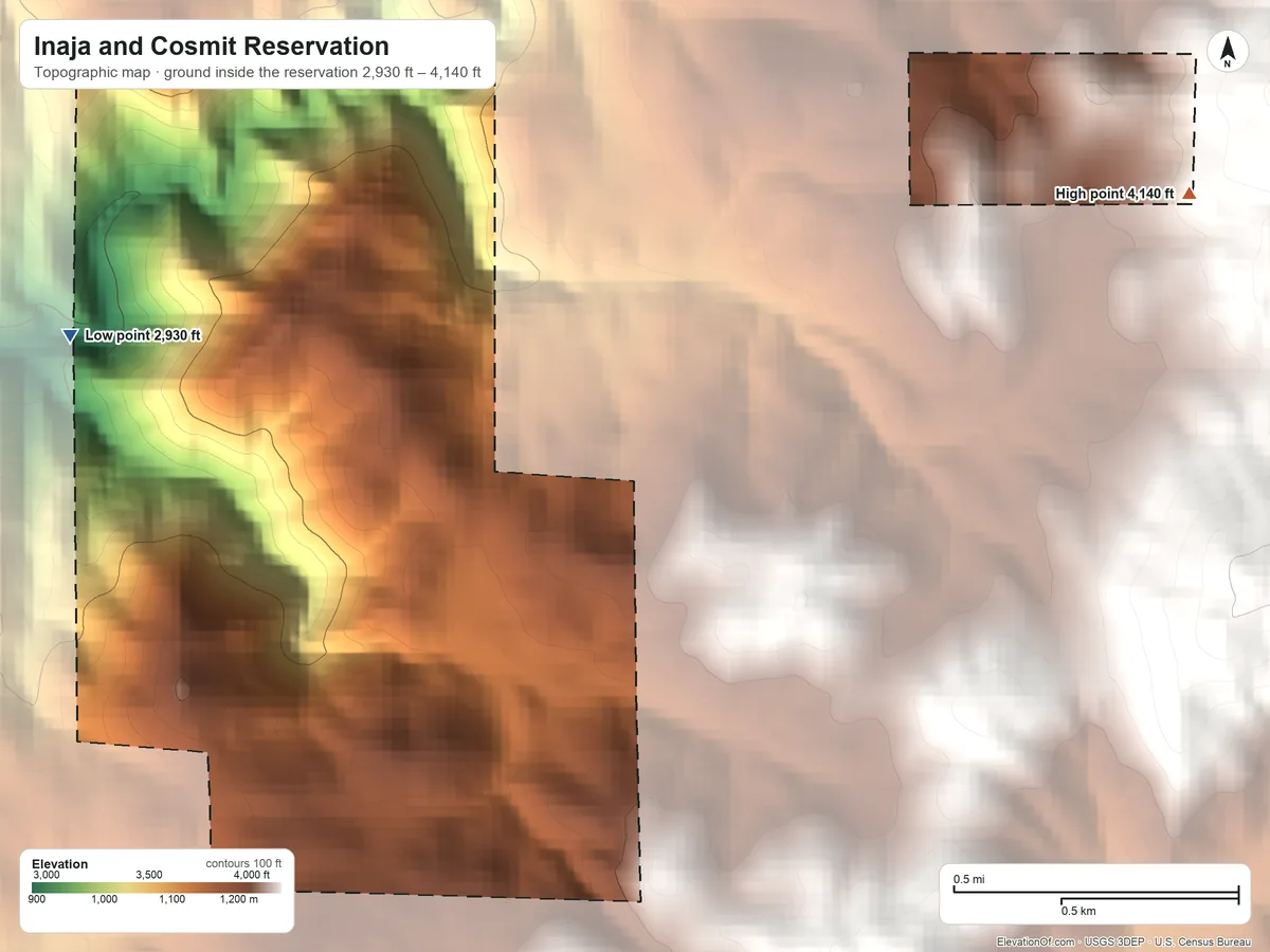 Topographic elevation map of Inaja and Cosmit Reservation, California, shaded from 2,930 ft on the west side to 4,140 ft on the northeast side