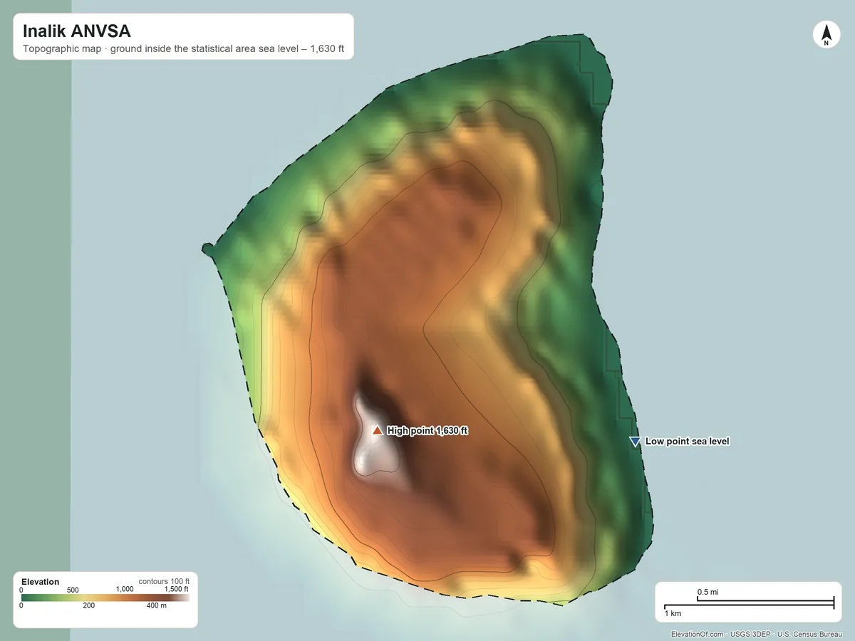 Topographic elevation map of Inalik ANVSA, Alaska, shaded from sea level on the Bering Strait to 1,630 ft on the southwest side