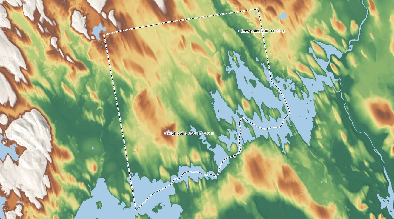 Topographic elevation map of Indian Township Reservation, Maine, shaded from 200 ft on the northeast side to 350 ft on the southwest side