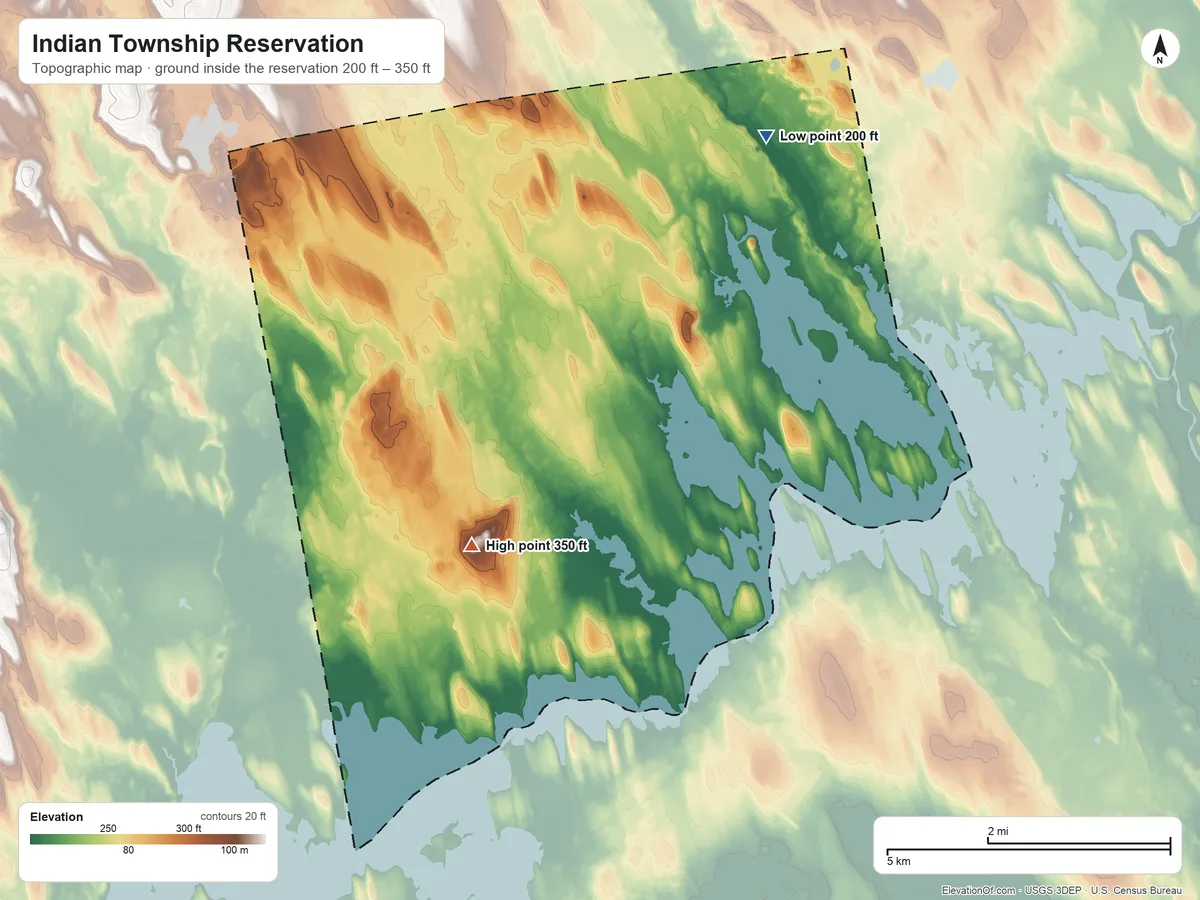 Topographic elevation map of Indian Township Reservation, Maine, shaded from 200 ft on the northeast side to 350 ft on the southwest side