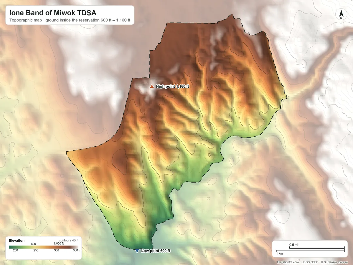 Topographic elevation map of Ione Band of Miwok TDSA, California, shaded from 600 ft on the south side to 1,160 ft on the northwest side