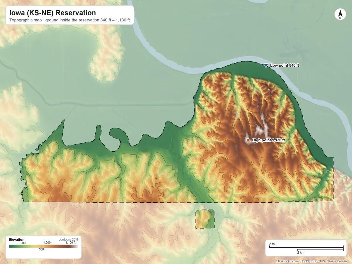 Topographic elevation map of Iowa (KS-NE) Reservation, Kansas, shaded from 840 ft on the northeast side to 1,130 ft on the east side