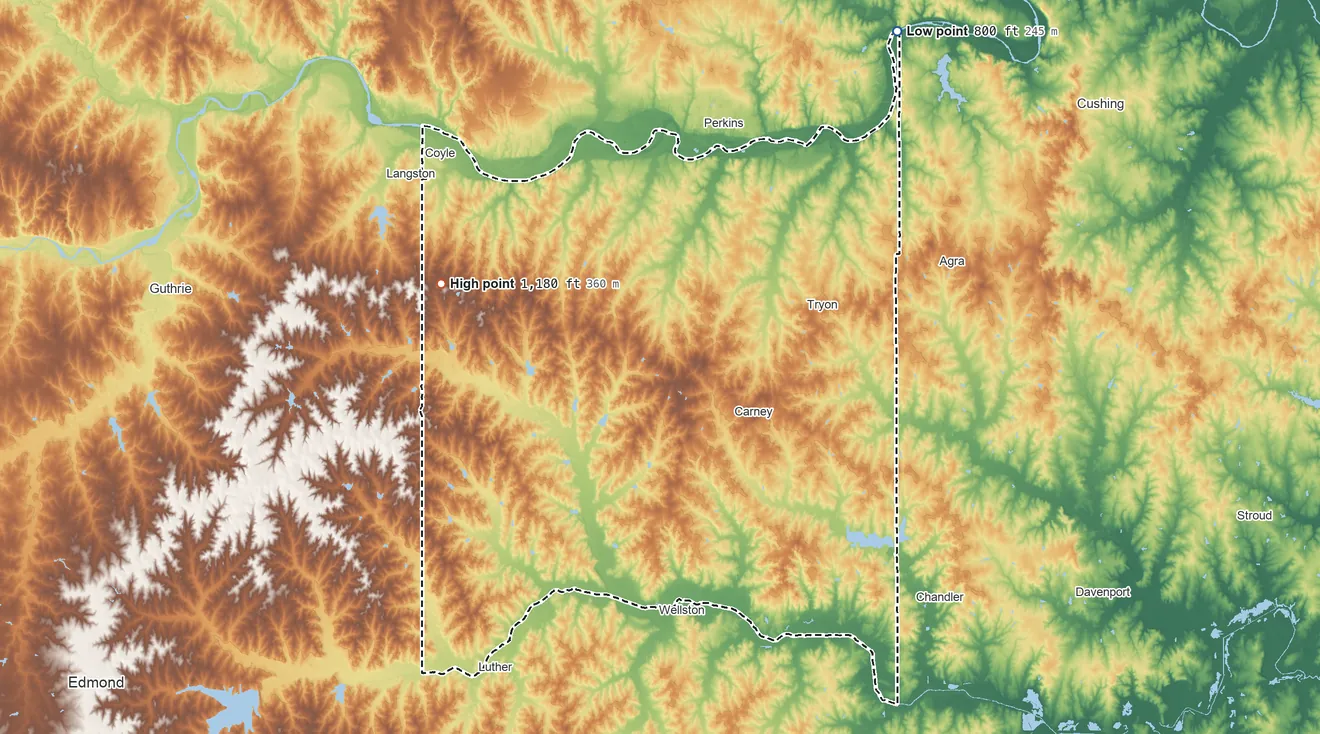 Topographic elevation map of Iowa OTSA, Oklahoma, shaded from 800 ft on the northeast side to 1,180 ft on the west side
