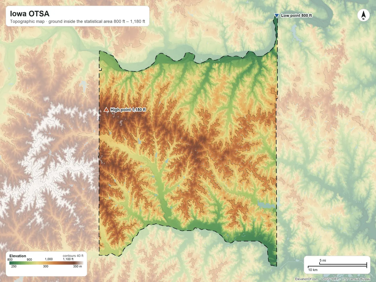 Topographic elevation map of Iowa OTSA, Oklahoma, shaded from 800 ft on the northeast side to 1,180 ft on the west side
