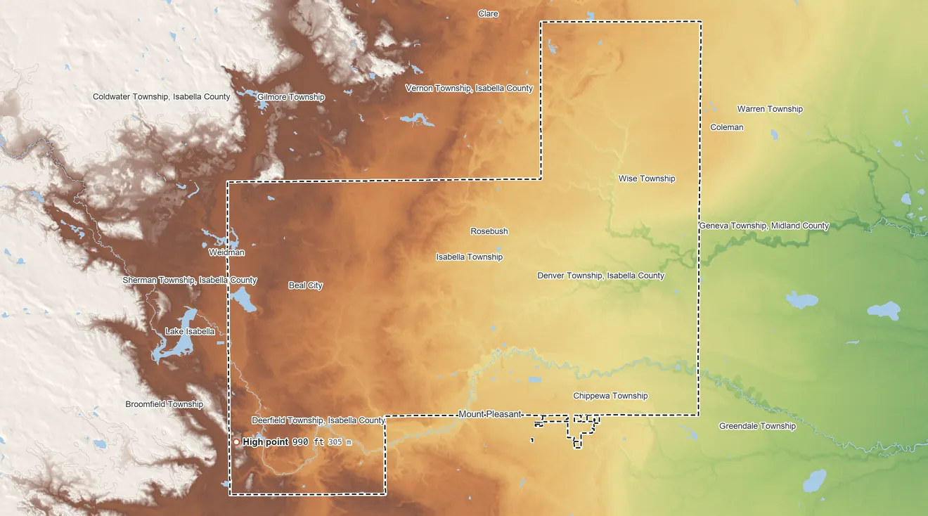 Topographic elevation map of Isabella Reservation, Michigan, shaded from 580 ft on the east side to 990 ft on the southwest side